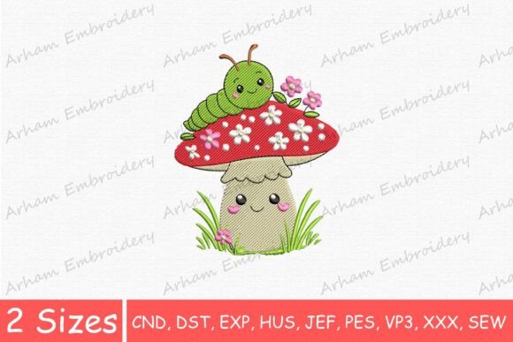 Cute Kawaii Caterpillar on Mushroom